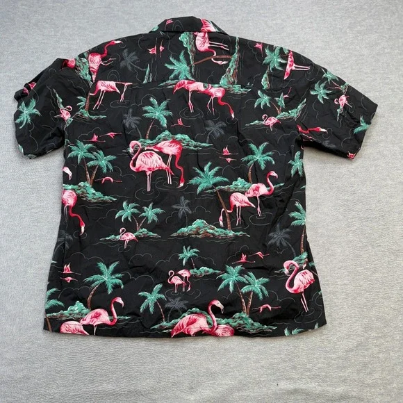 VTG Paradise Found Hawaiian Shirt Mens Large Black Flamingos Palm Trees Camp - Picture 5 of 7